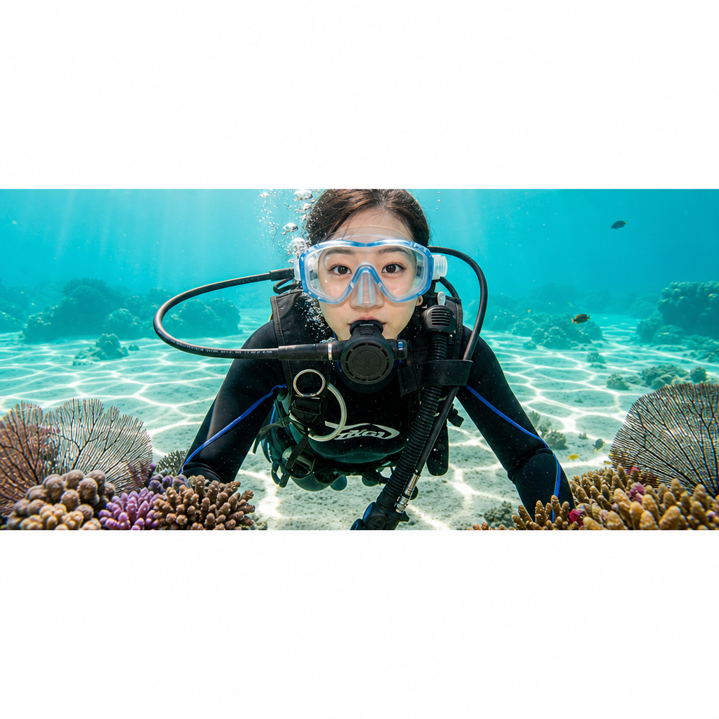 沖縄の海で呼吸器をくわえて安全に体験ダイビングをする20代の日本人女性