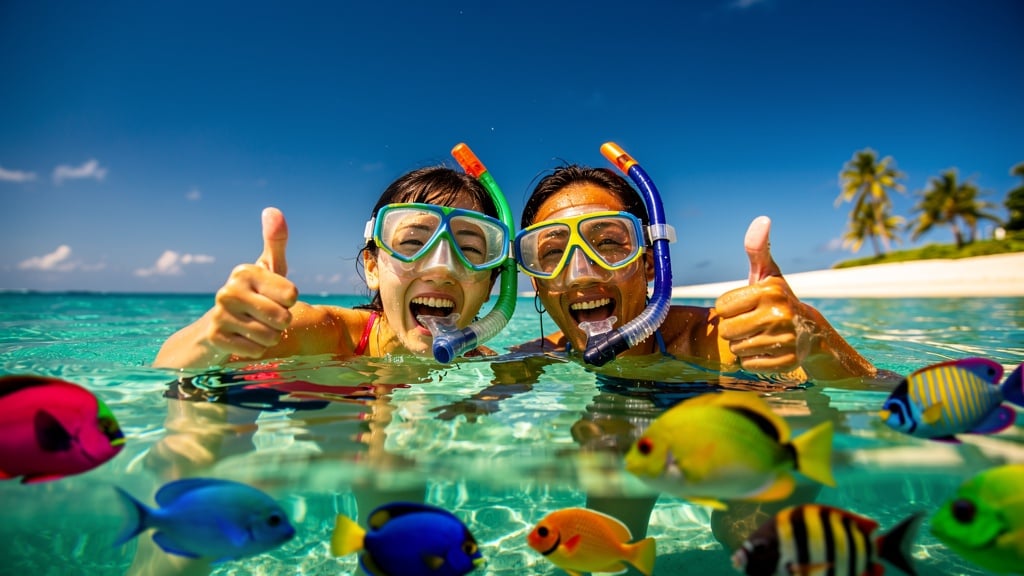 沖縄の青い海でスノーケリングを楽しむカップル、笑顔いっぱいの体験