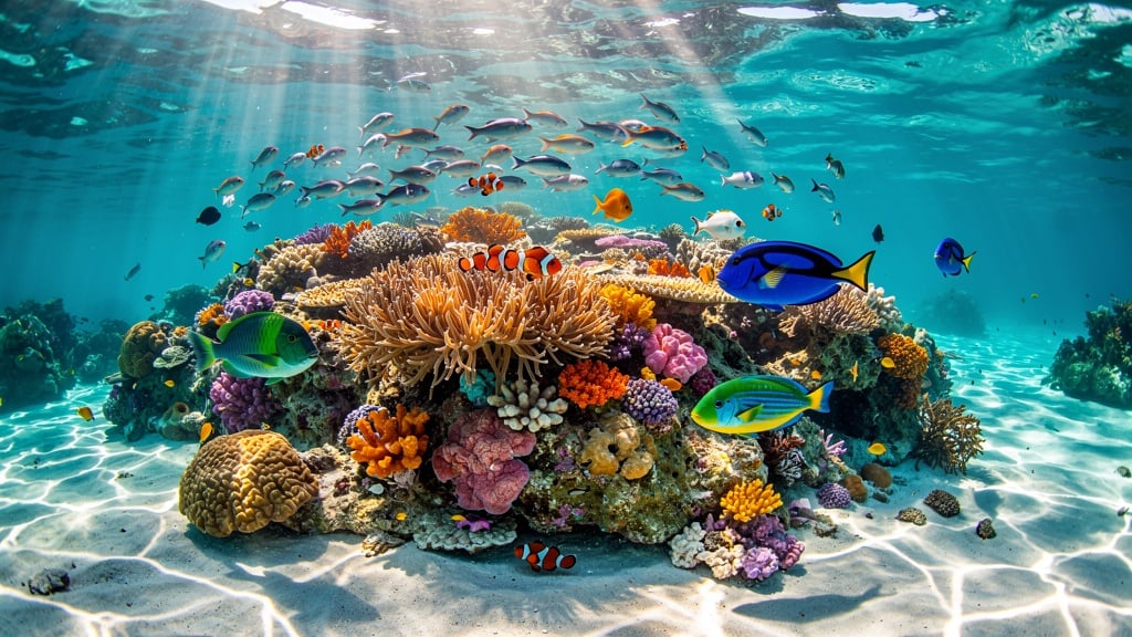 北谷の海のカラフルな熱帯魚とサンゴ礁